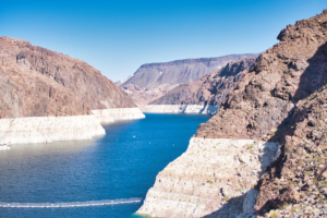 A water body surrounded by mountains